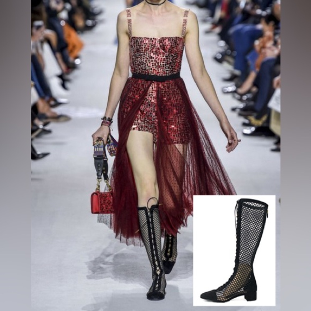 Dior Naughtily D Runway 2018 Mesh Suede Lace-Up Knee-High Boots Black 37.5